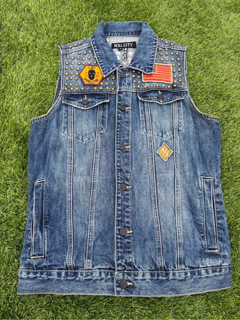 Kill City Blue Denim Studded Vest with patches and Punk Grimm Reaper Size M